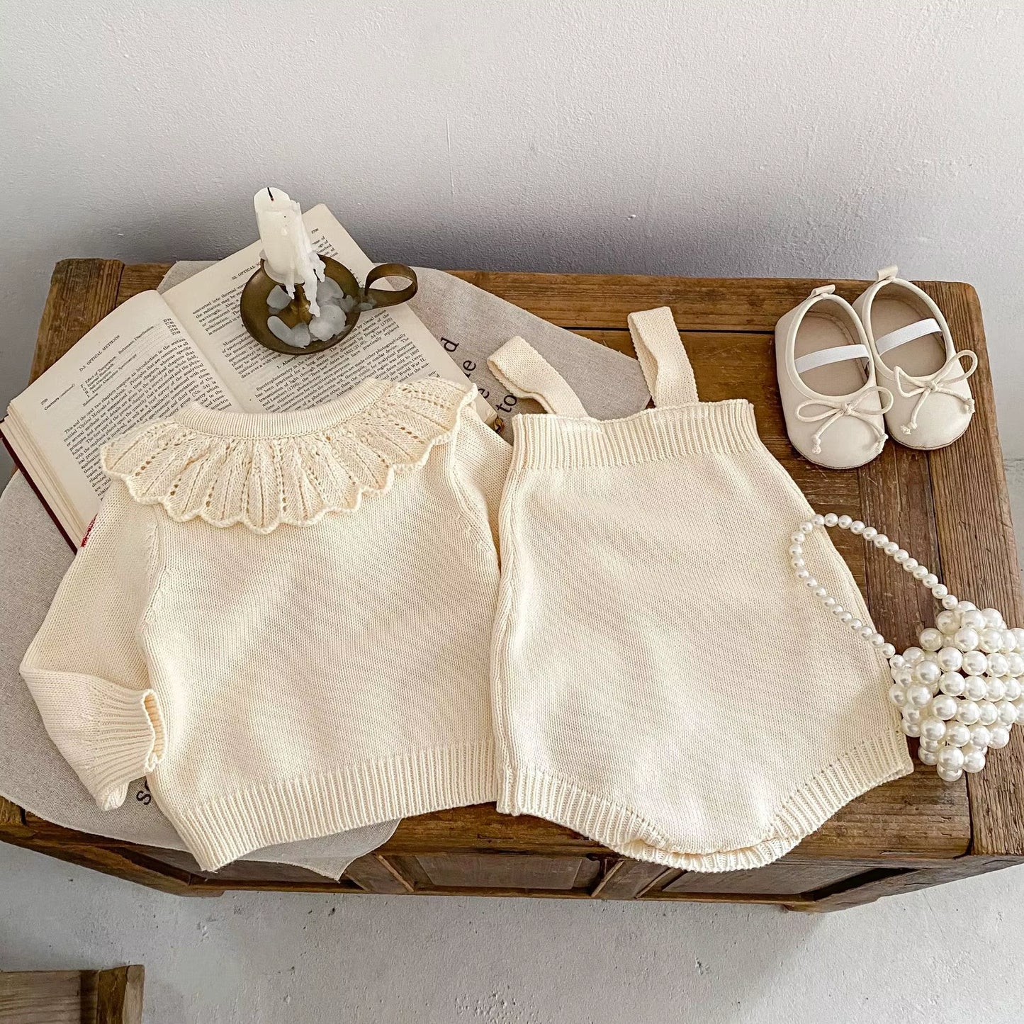 Lotusbloom – Embroidered Knit Top & Strap Romper Set for Baby Girls